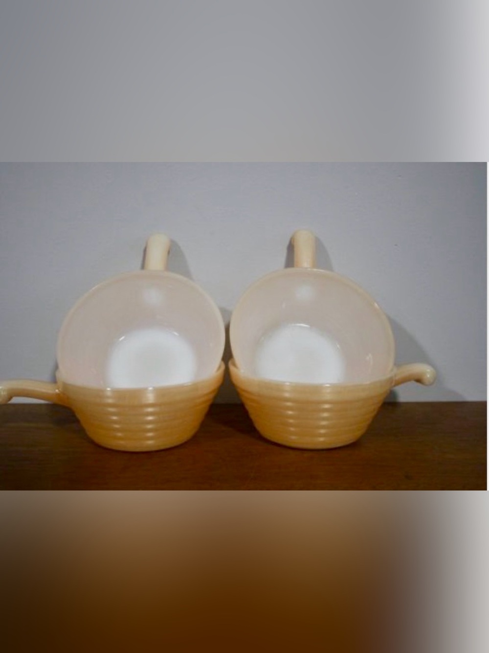 Gorgeous Peach Luster Fire King Beehive Ribbed Set of 4 Handled Soup Bowls